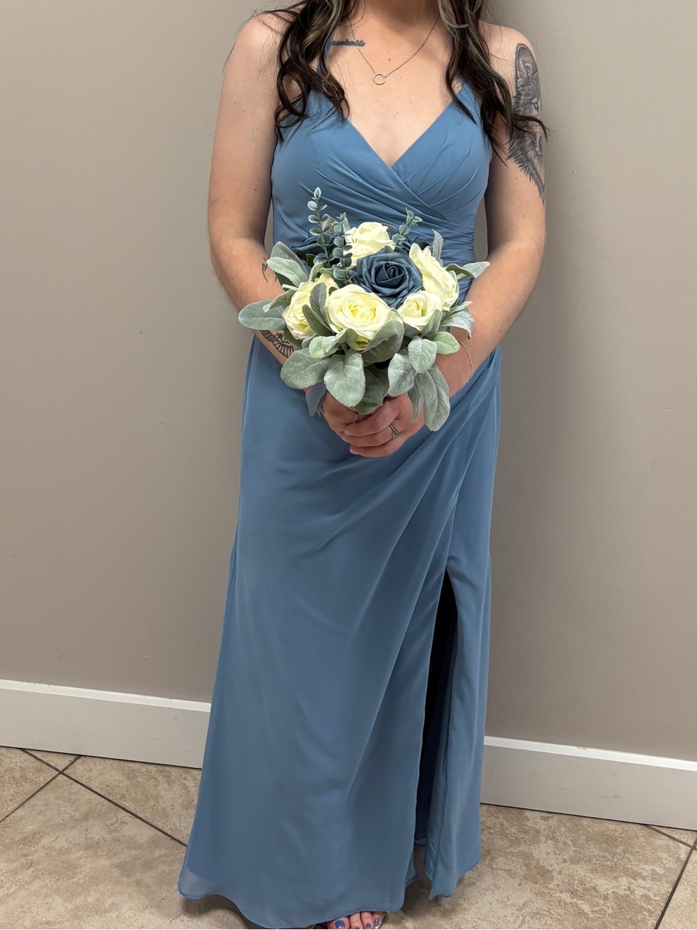 Dusty Blue V-Neck Maxi Dress with Side Slit